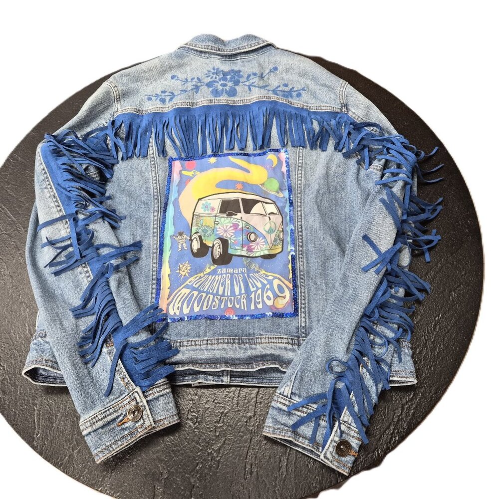 Woodstock Denim Jacket Upcycled by Wingwalkers Vintage Faux Suede Fringe Sequins